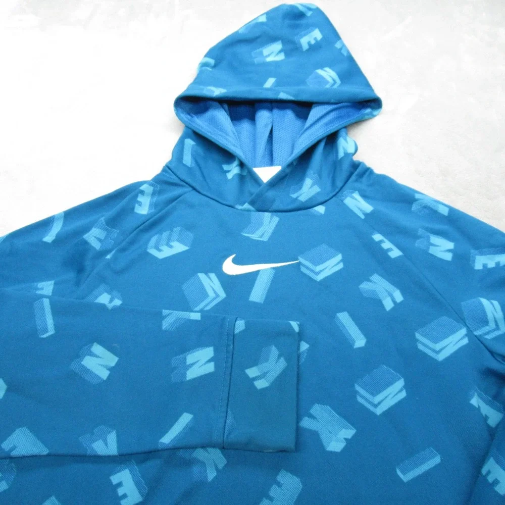 Nike Therma-FIT Hoodie Youth‎ XL Sea Blue Center Swoosh Pullover Sweatshirt AOP